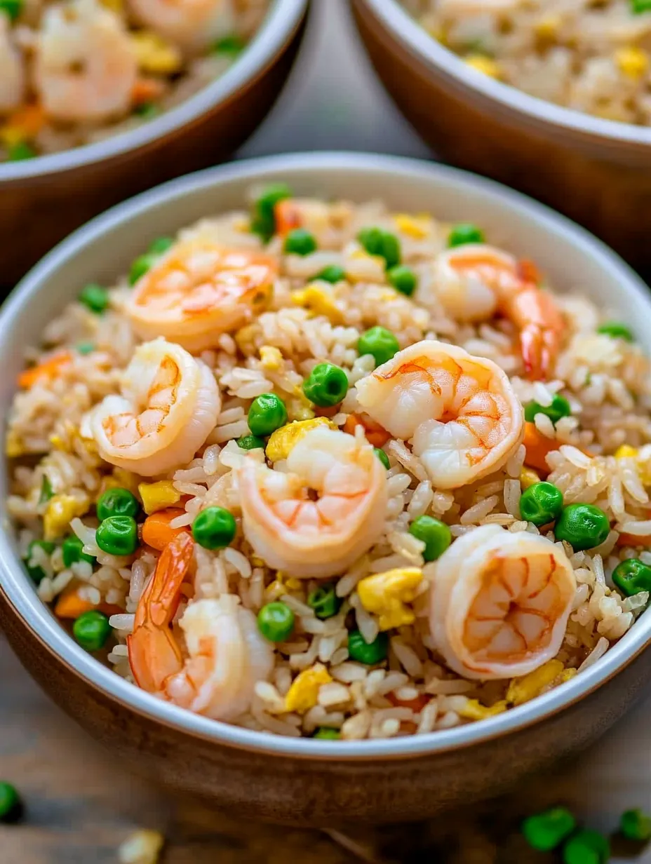 A bowl of rice with shrimp and peas.