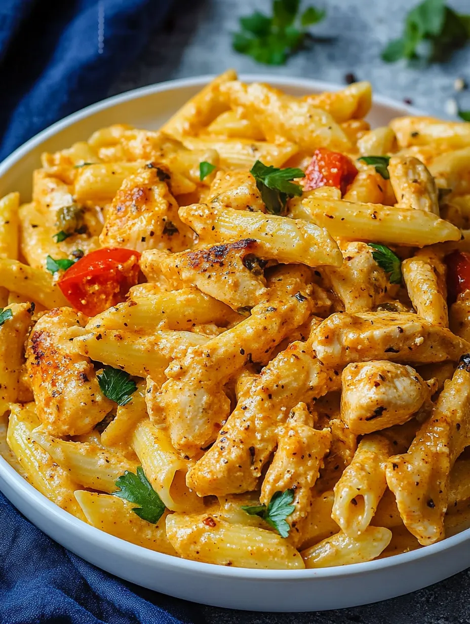 A bowl of pasta with chicken and tomatoes.