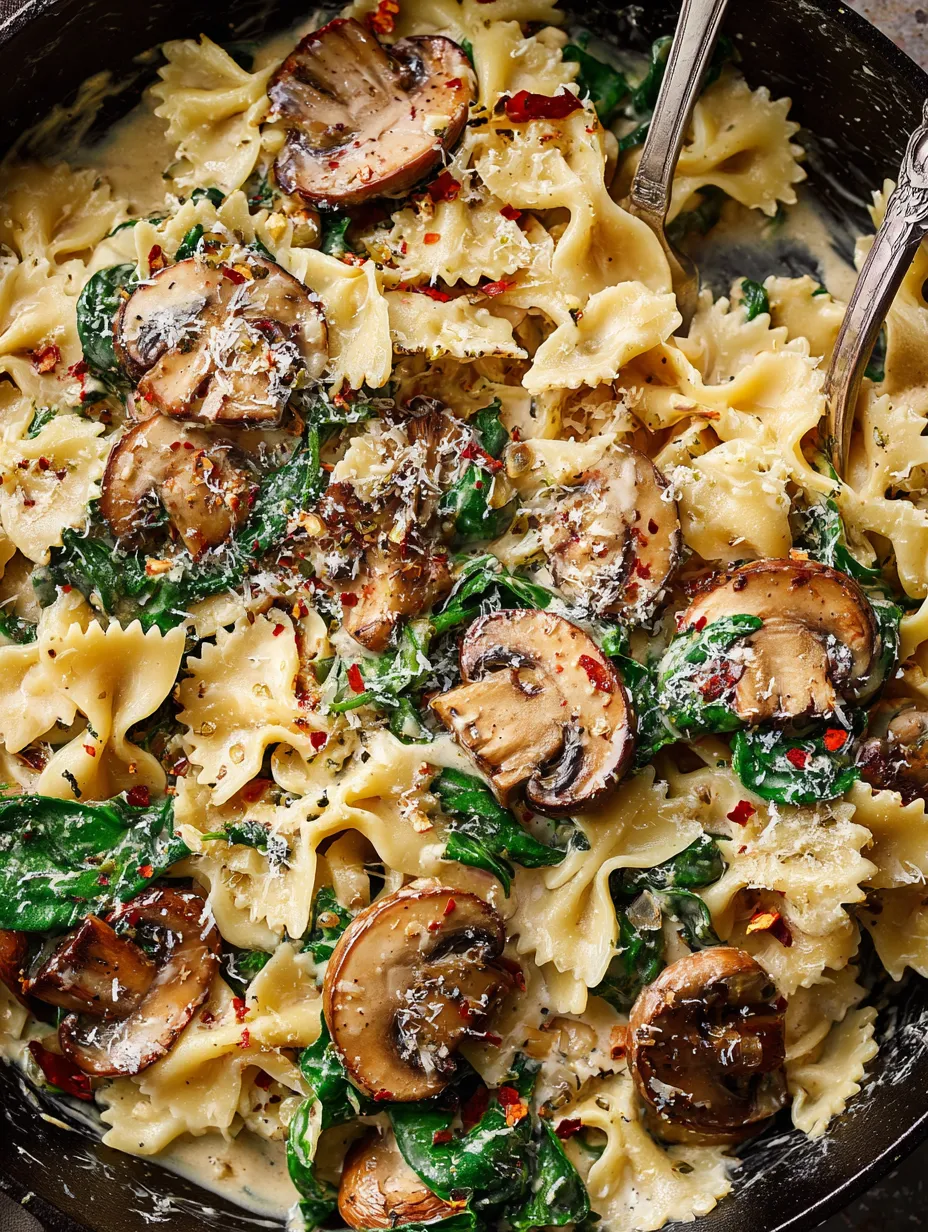 A bowl with pasta, mushrooms, and spinach sits ready to eat.