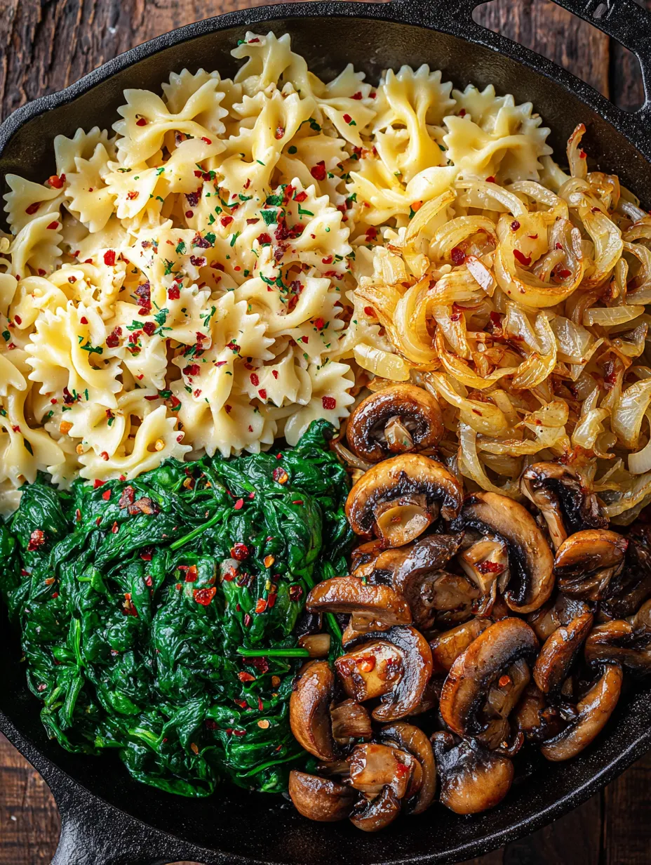 Big bowl filled with mushrooms, onions, and pasta.