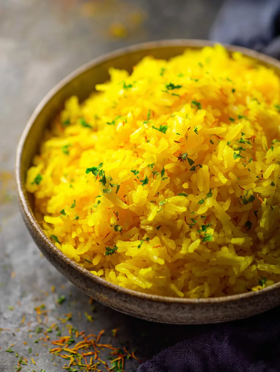 A bowl of yellow rice with green spices.
