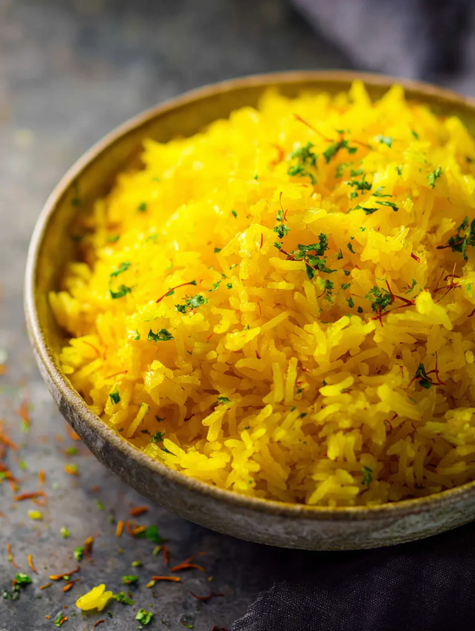 A bowl of yellow rice with green herbs.