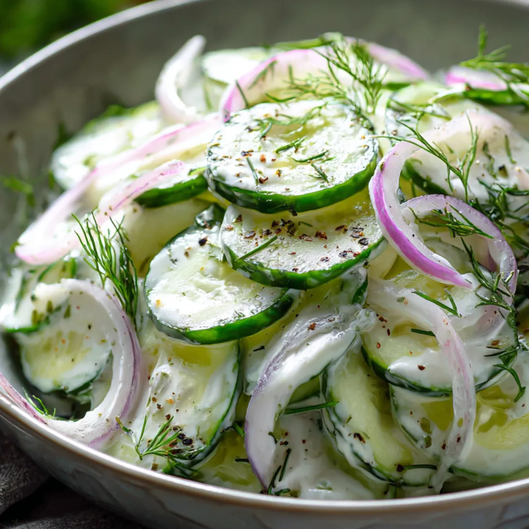 Sliced cucumbers and onions piled in a bowl.
