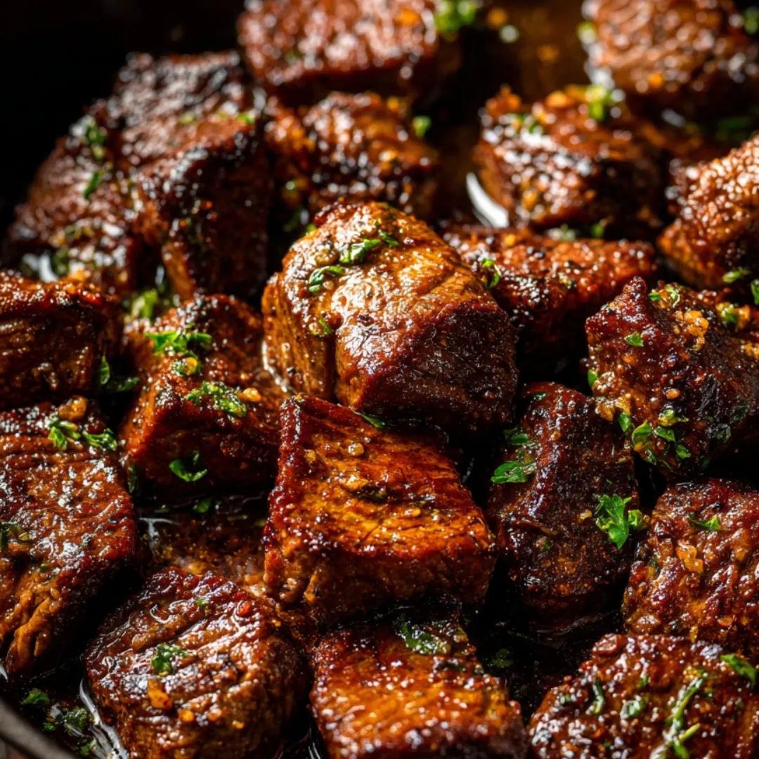 Close-up of juicy steak pieces on a plate.