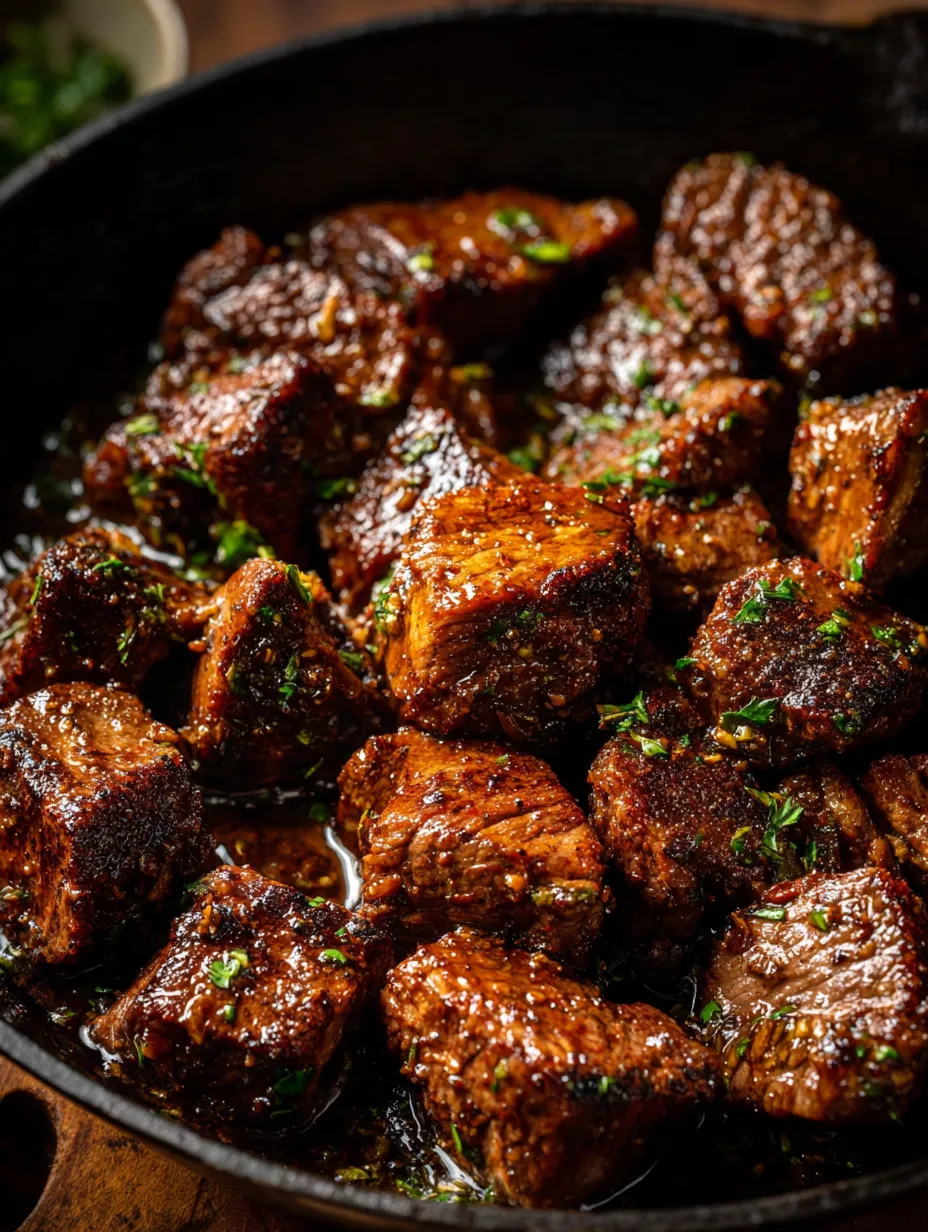 Bowl filled with steak bites topped with chopped green herbs.