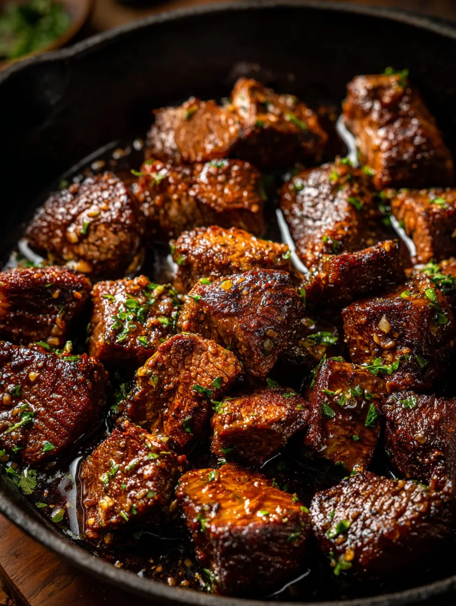 Pot loaded with steak bites and sprinkled with green herbs.