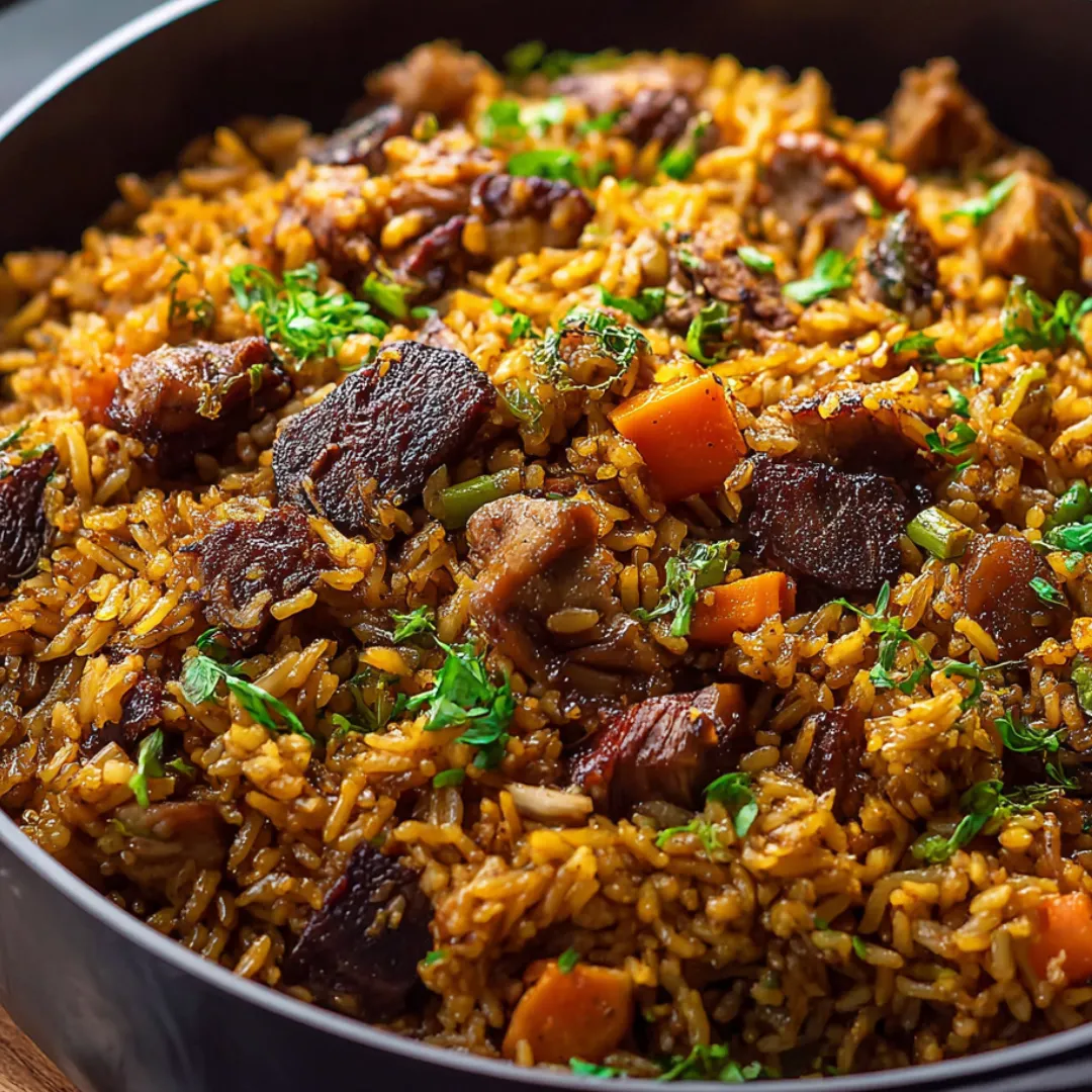 A bowl of rice with meat and vegetables.
