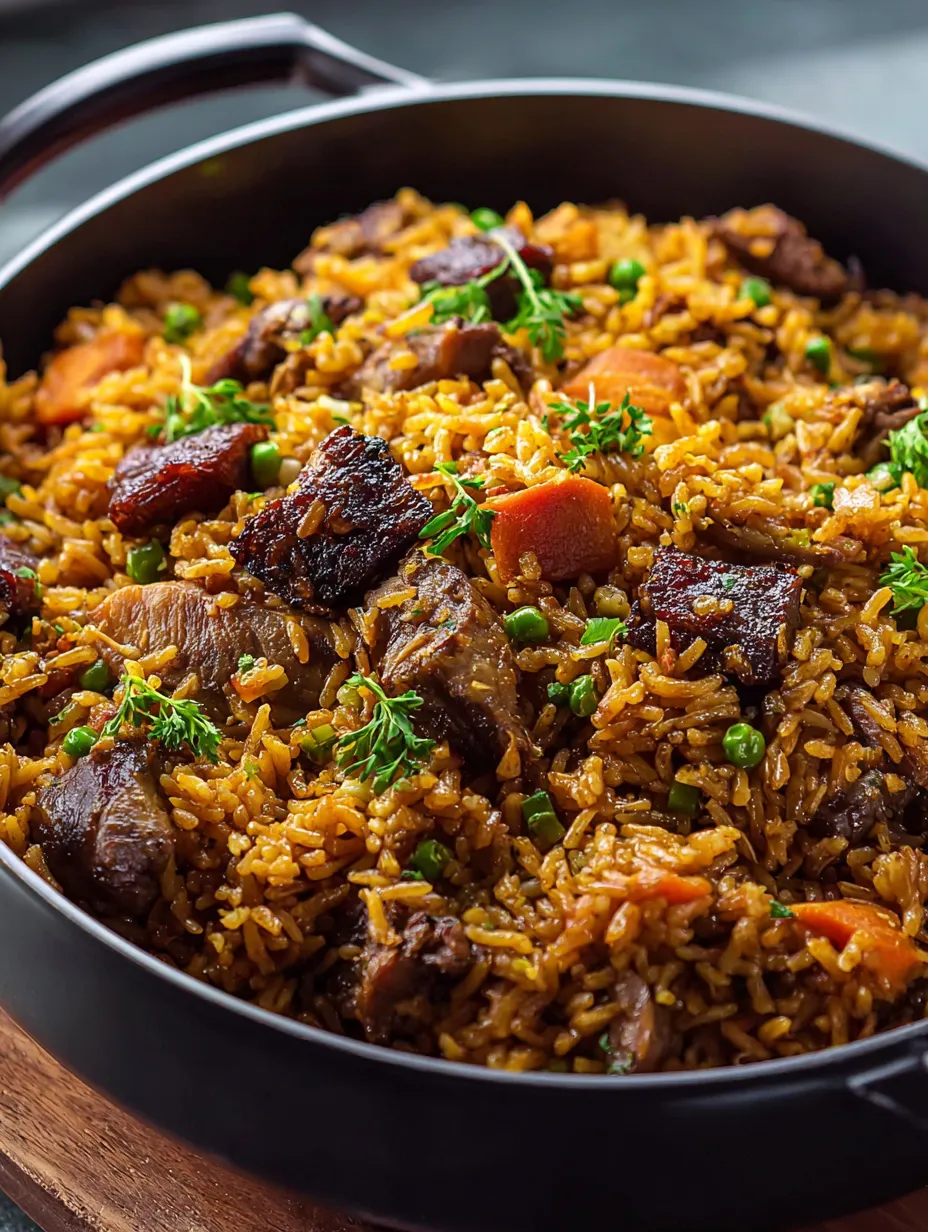 A bowl filled with meat, peas, and rice.