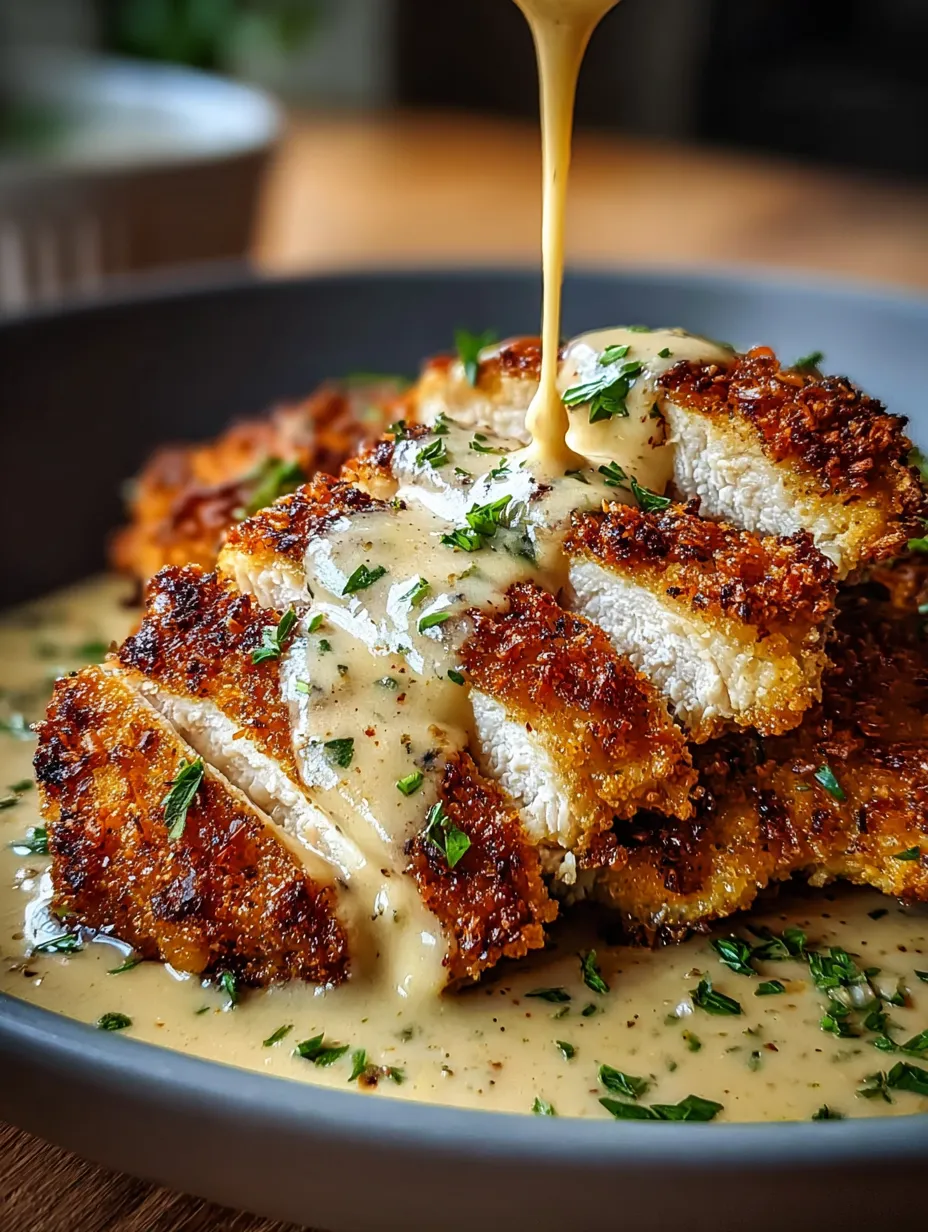 A plate of food with a sauce drizzled over it.