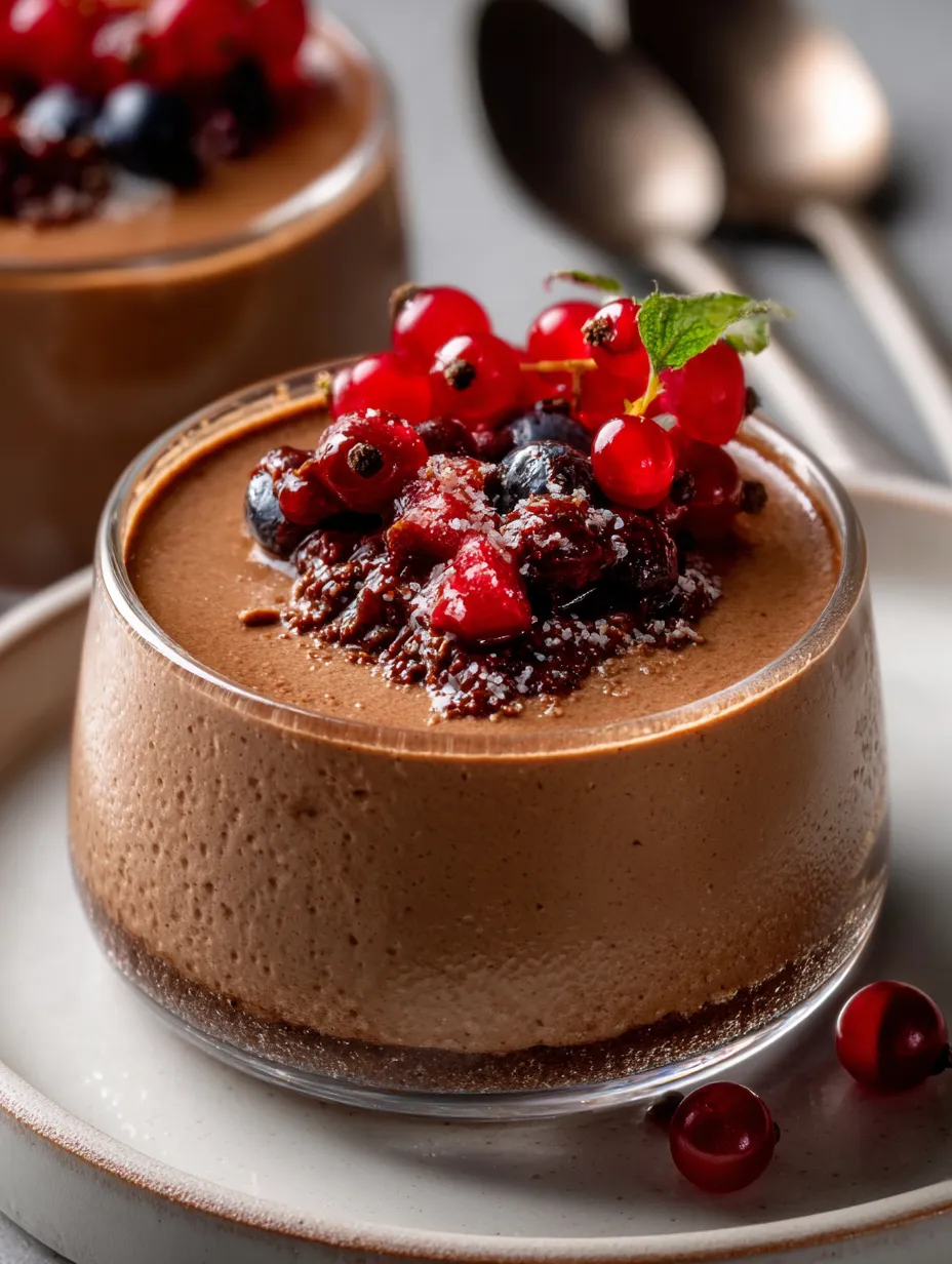 A chocolate dessert scattered with fresh berries.