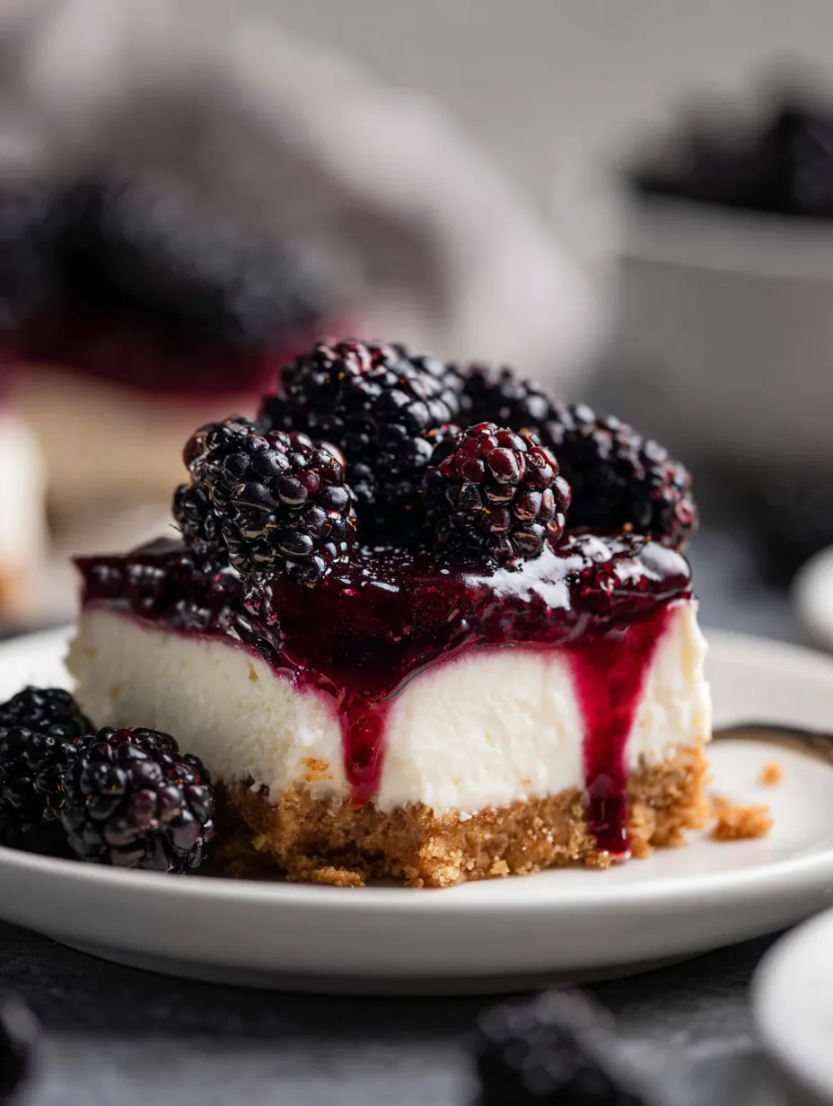 A slice with juicy blackberries on top of creamy filling.
