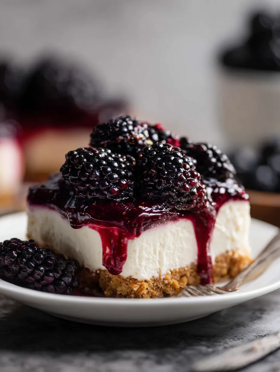 A slice with juicy blackberries on top of creamy filling.