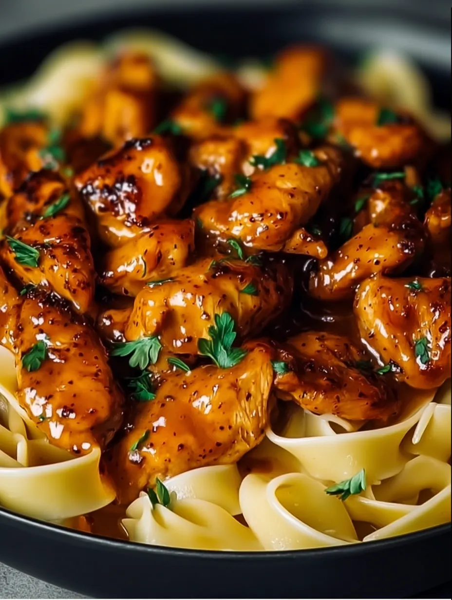 Chicken and noodles on a plate.