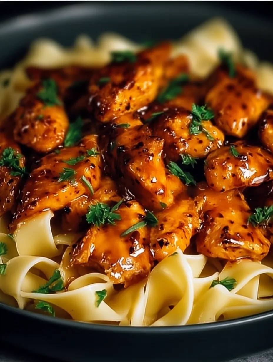A plate with noodles and pieces of chicken.