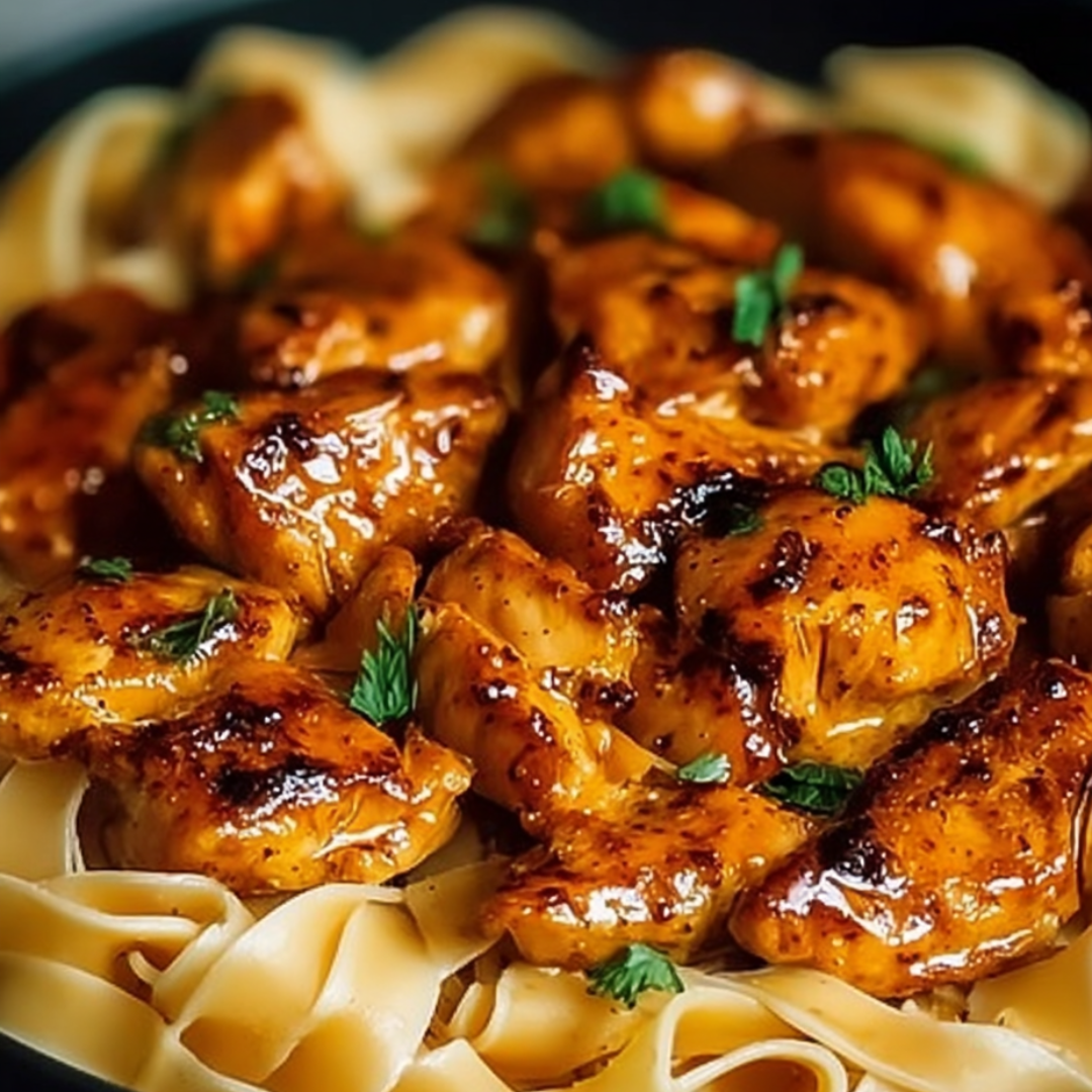 Chicken and pasta paired up on a dish.