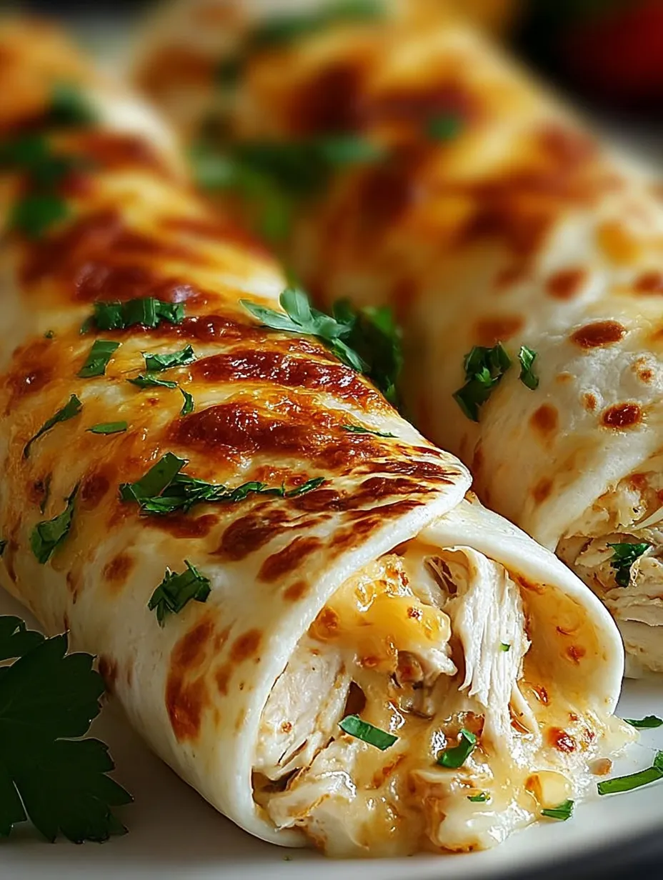 One cheesy chicken wrap and a burrito on a serving plate, all ready to eat.