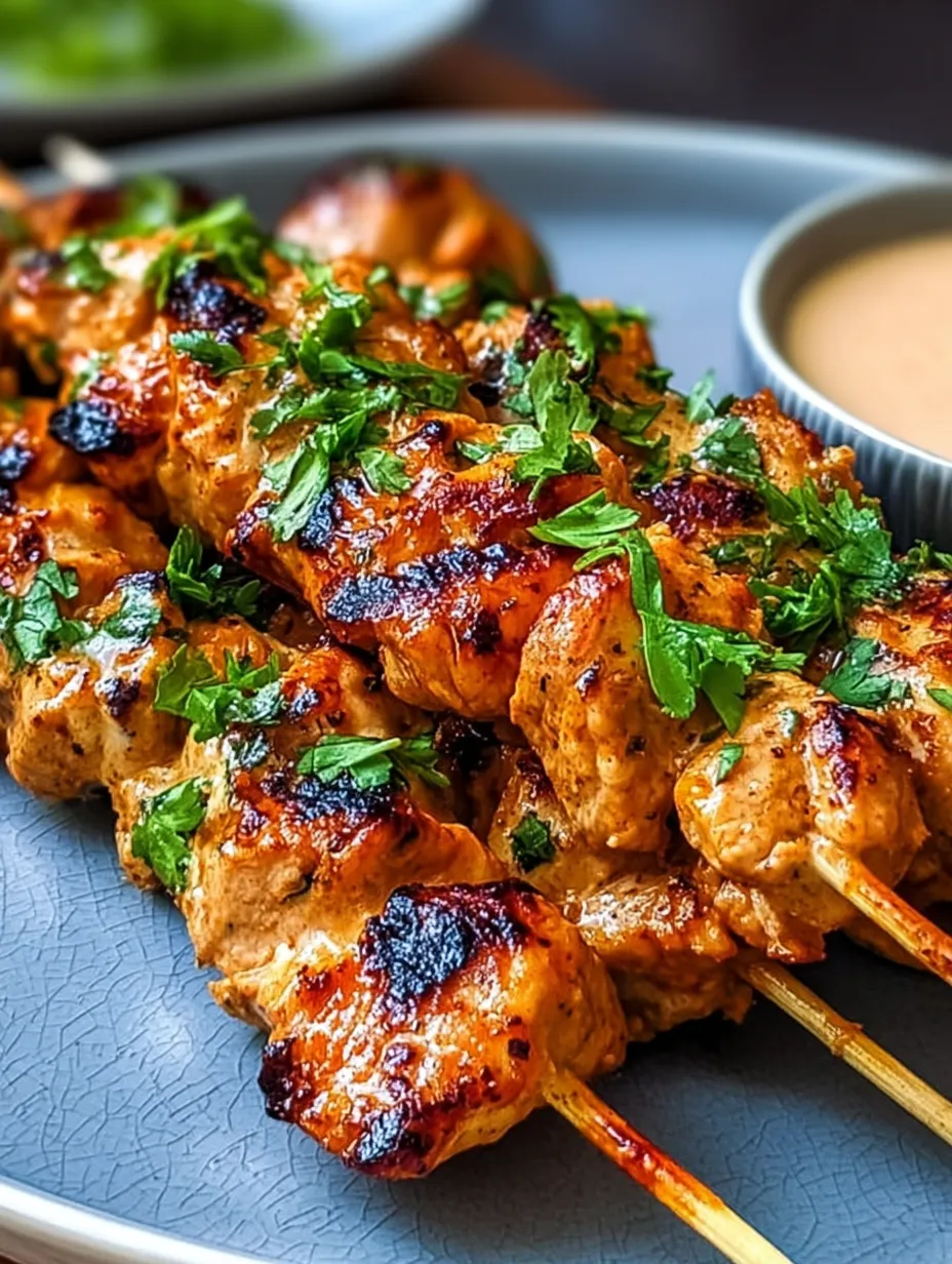 A plate loaded with grilled chicken skewers and a dipping sauce.