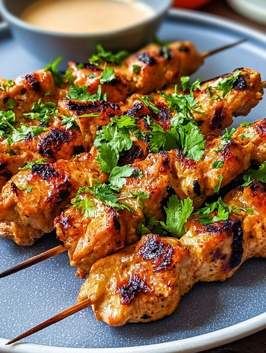 A plate piled with grilled chicken skewers on a table.