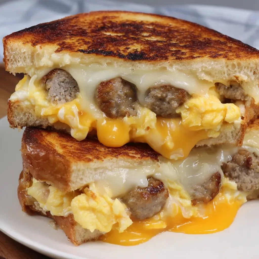 A toasty grilled sandwich with eggs and sausage peeking out.