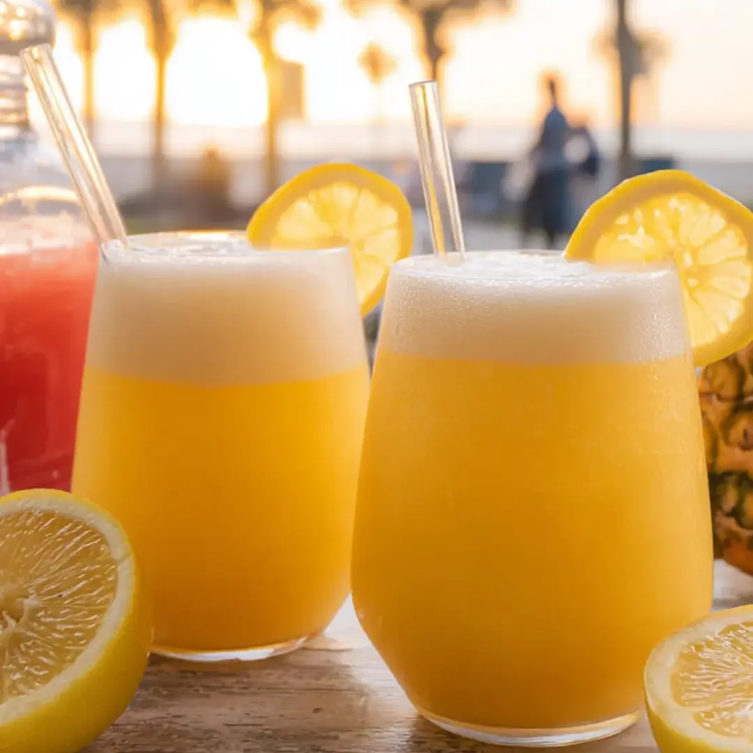 On a table, three lemonade glasses are grouped together.