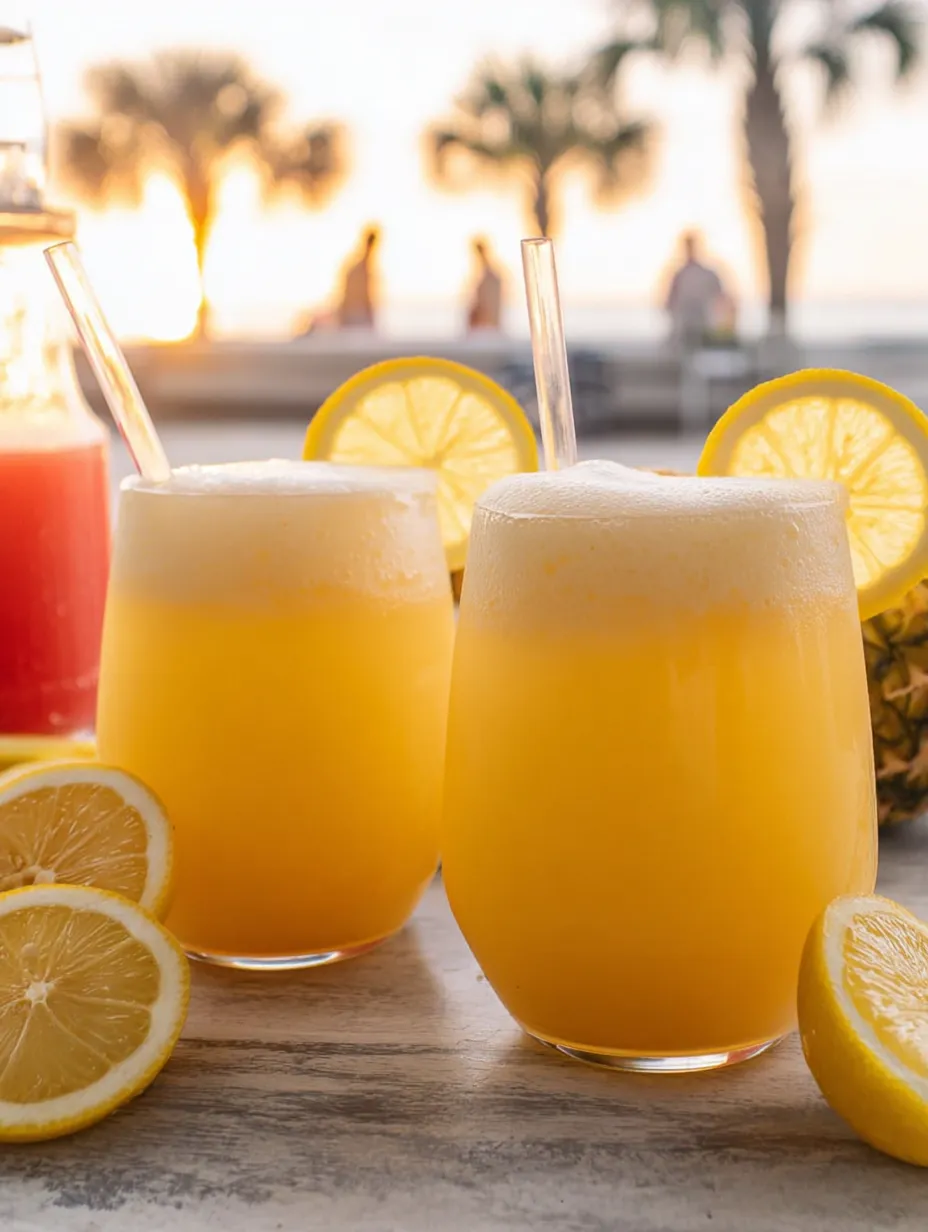Two lemonade glasses on a tabletop.