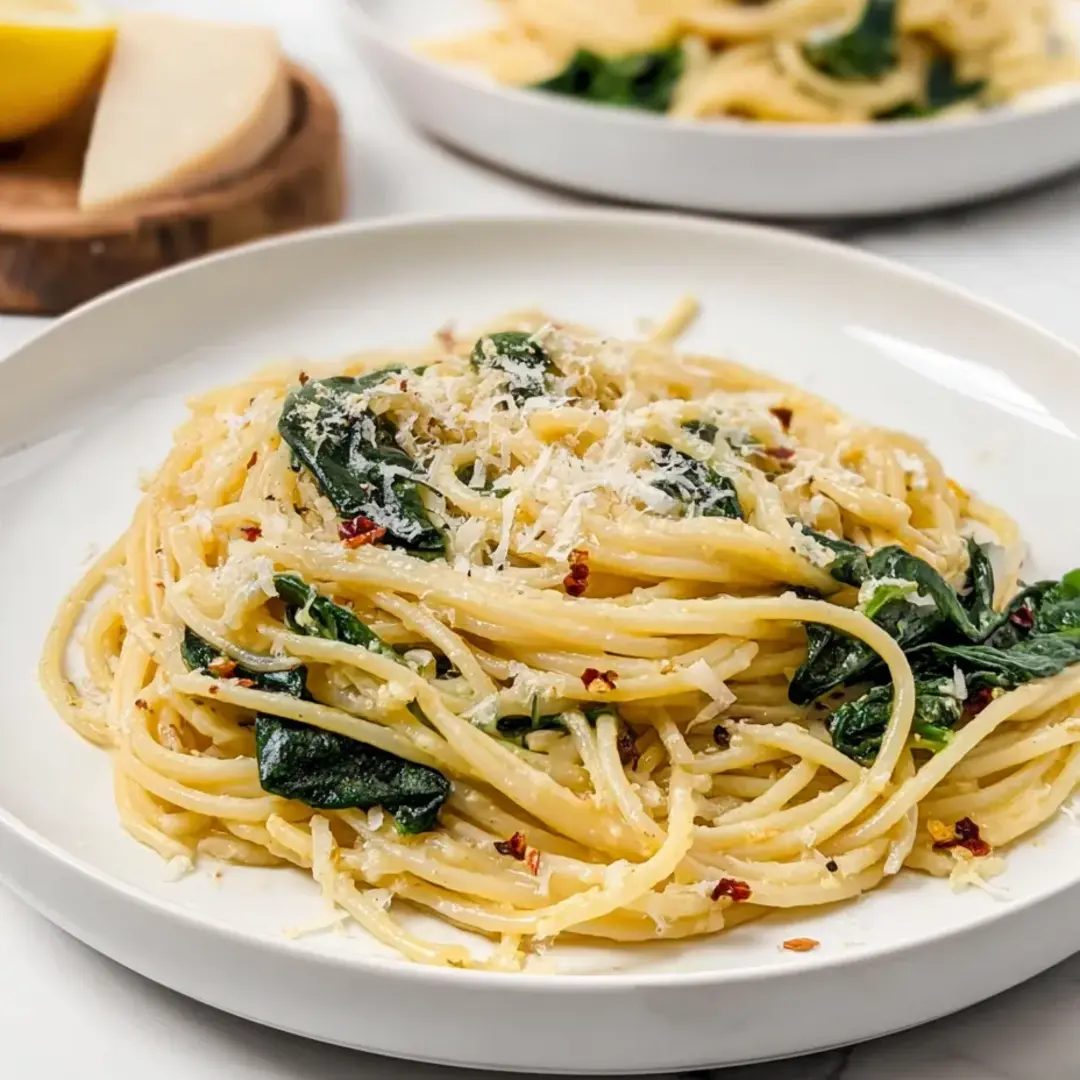 A plate piled high with spinach, spaghetti, and gooey cheese.