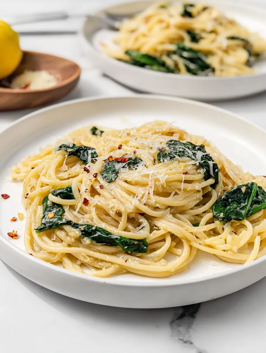 A plate of spaghetti with cheese and spinach.