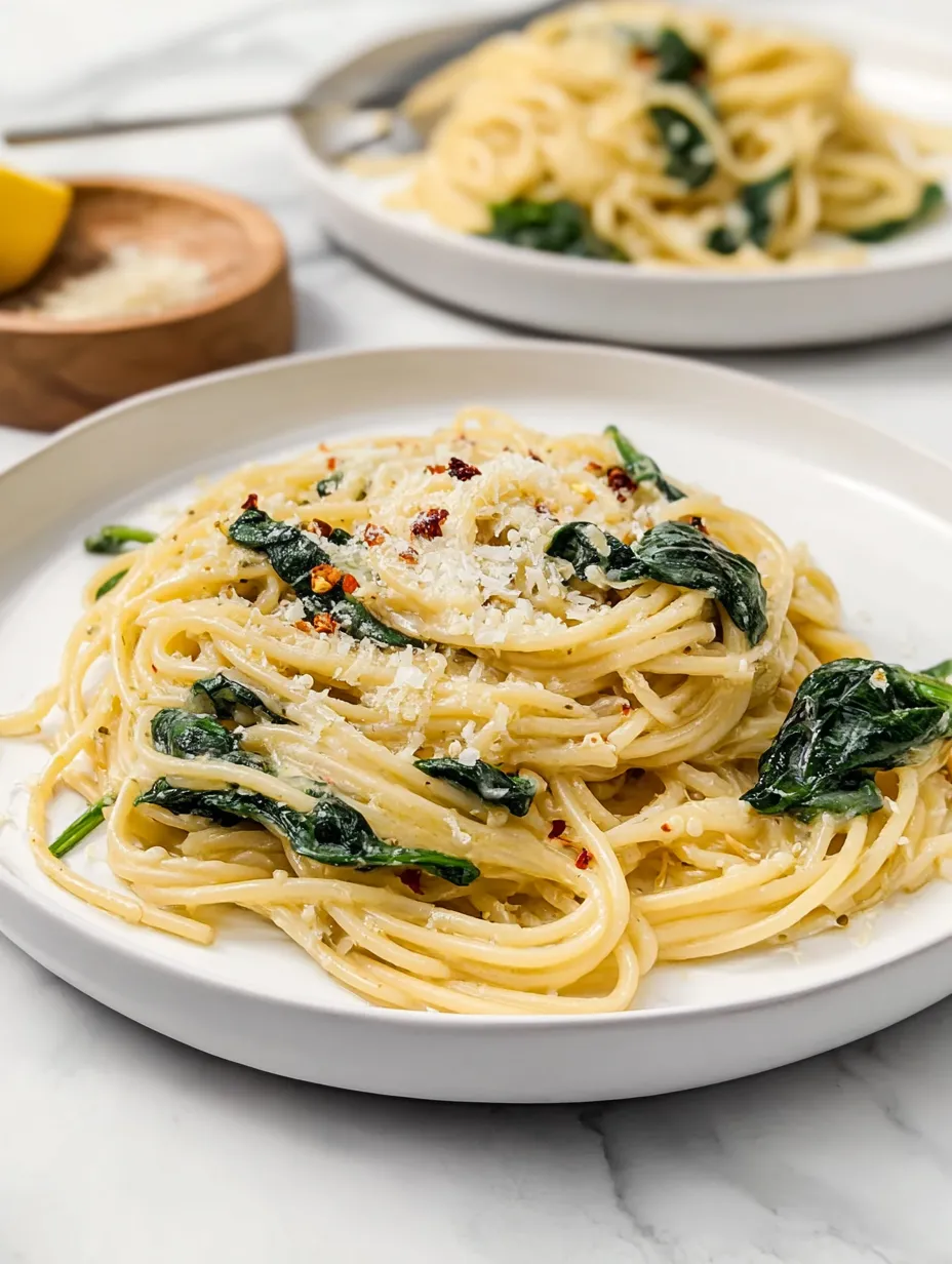 A plate of pasta with spinach and cheese.