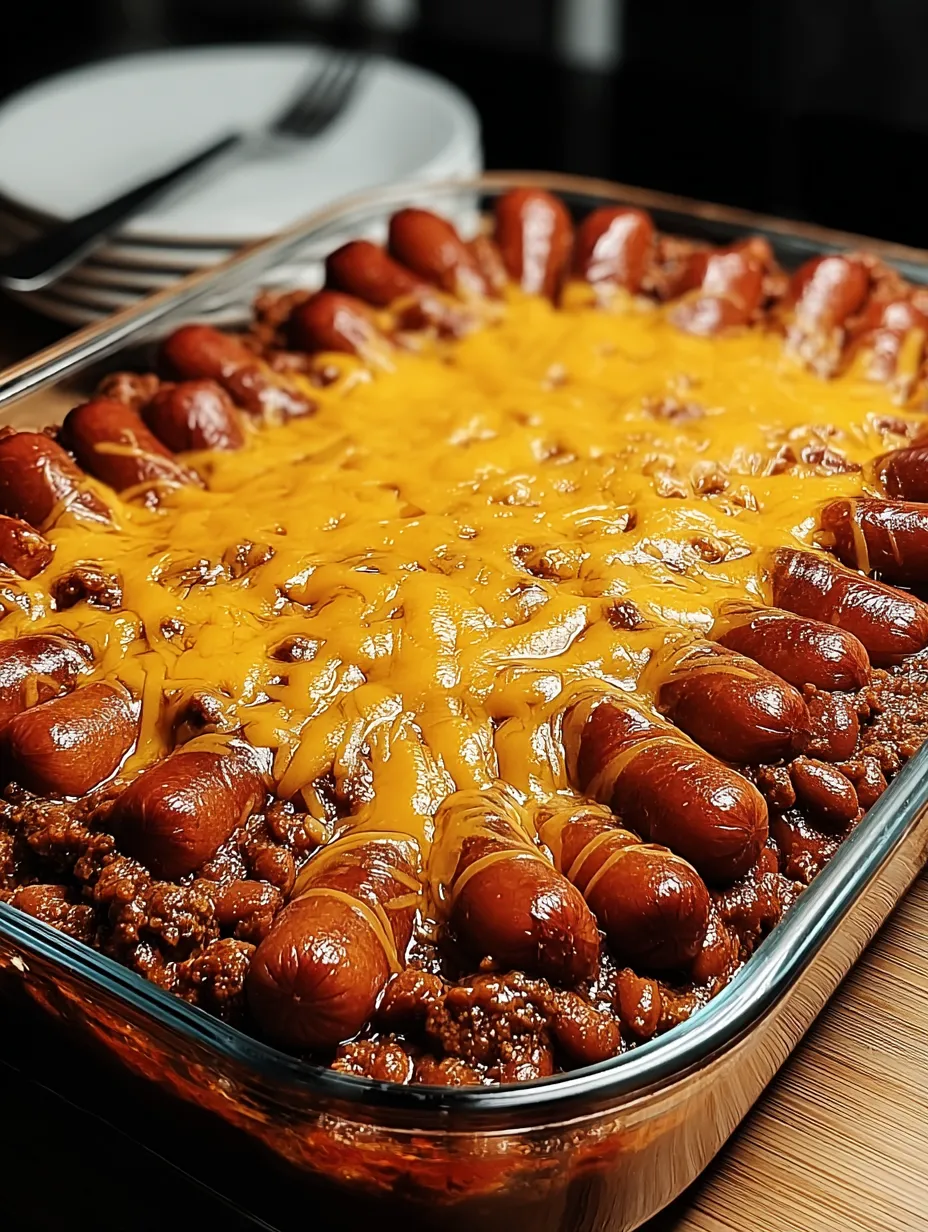 A pan loaded with chili and hot dogs baked in.