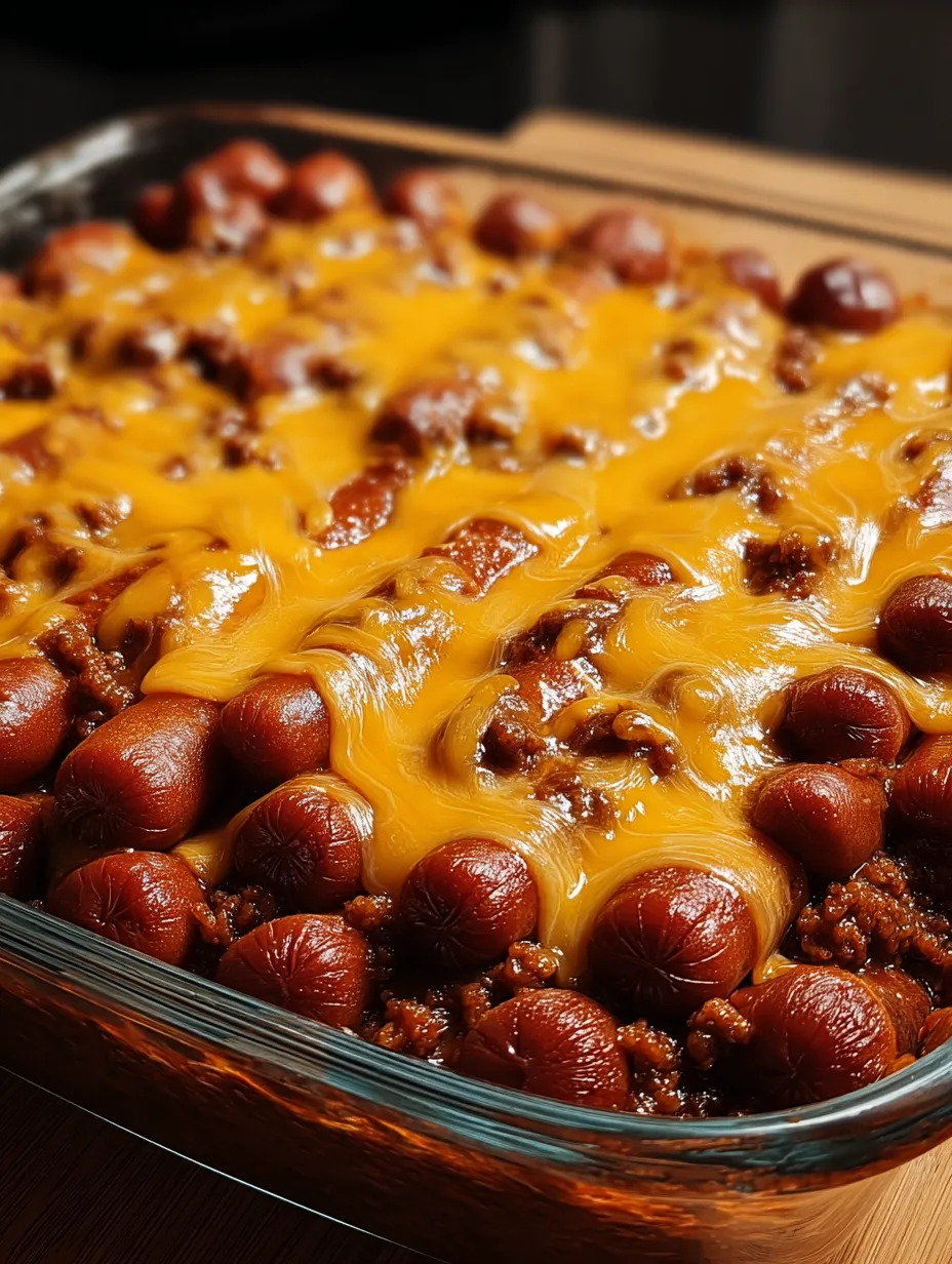 A serving dish holding chili and whole hot dogs topped with cheese.