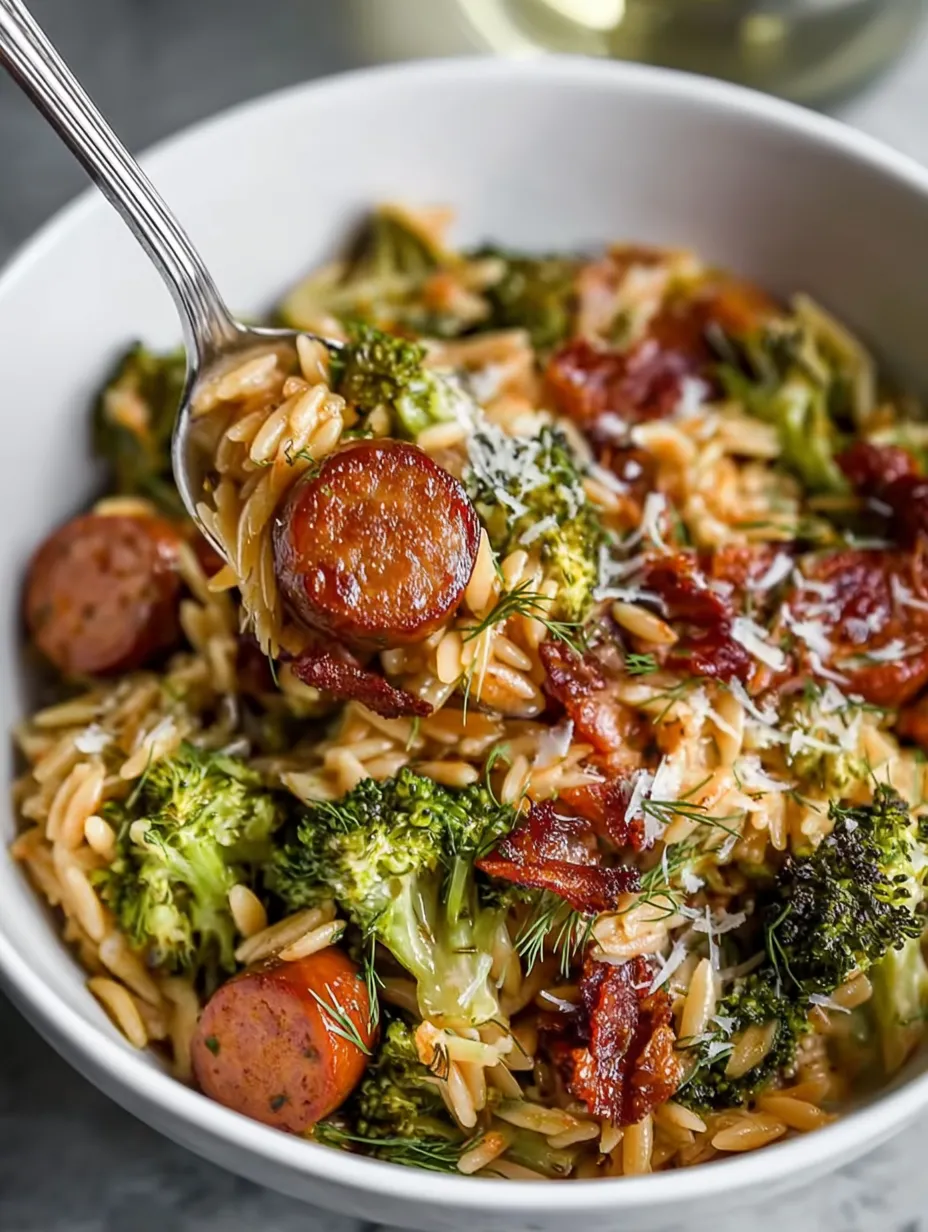 A bowl of pasta with sausage and broccoli.