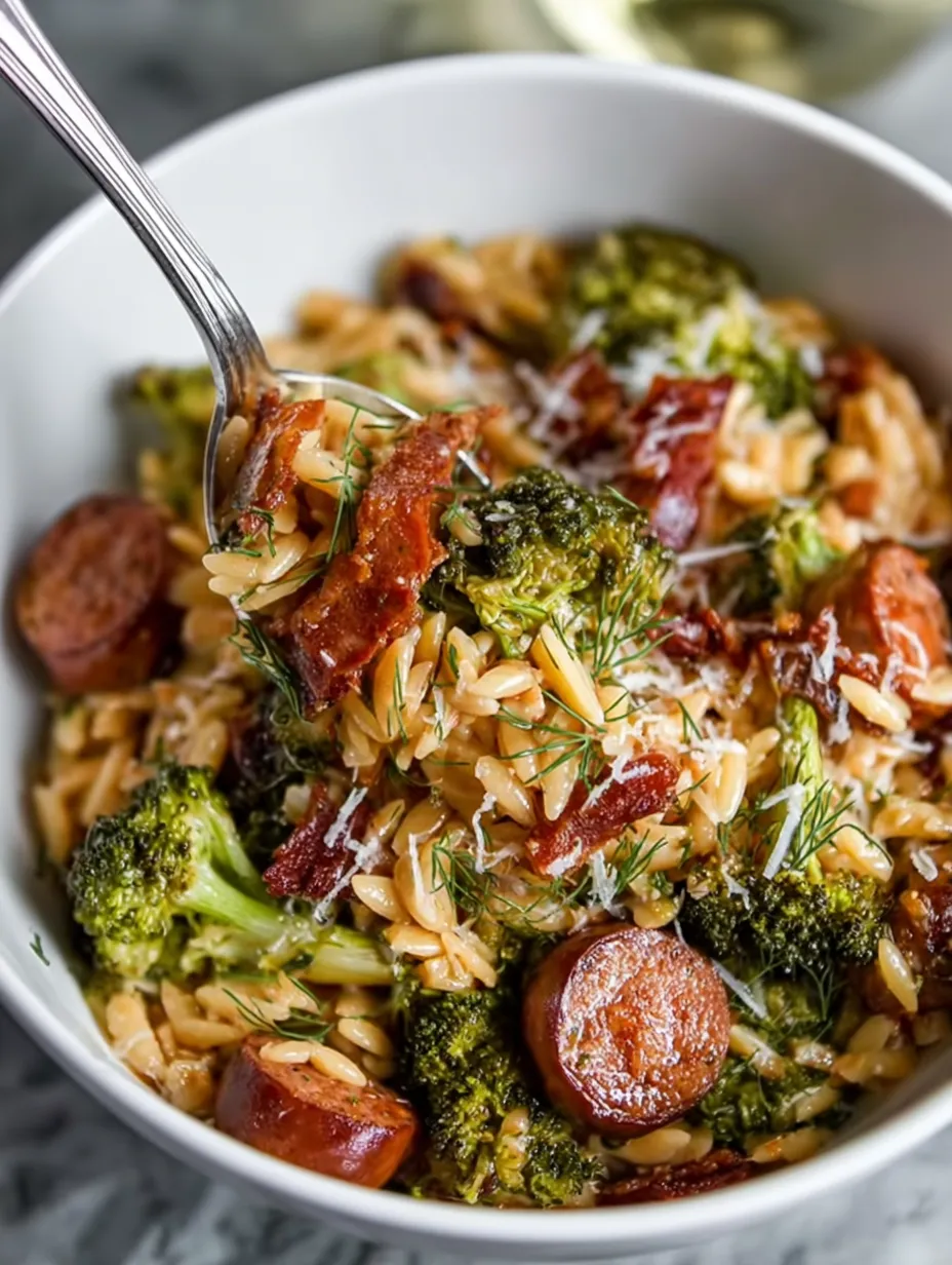 A bowl of rice with bacon and broccoli.
