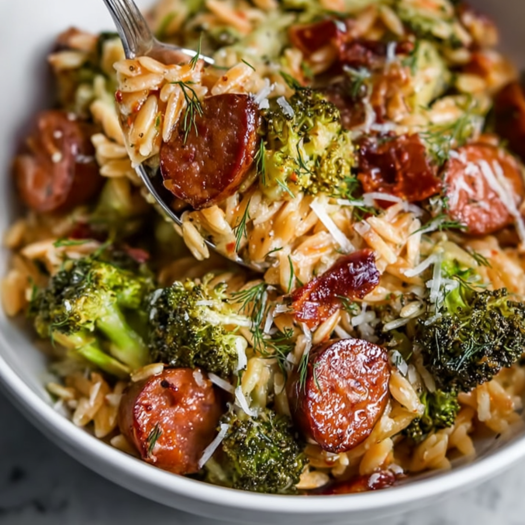 Pasta piled in a bowl with slices of sausage and broccoli peeking through.