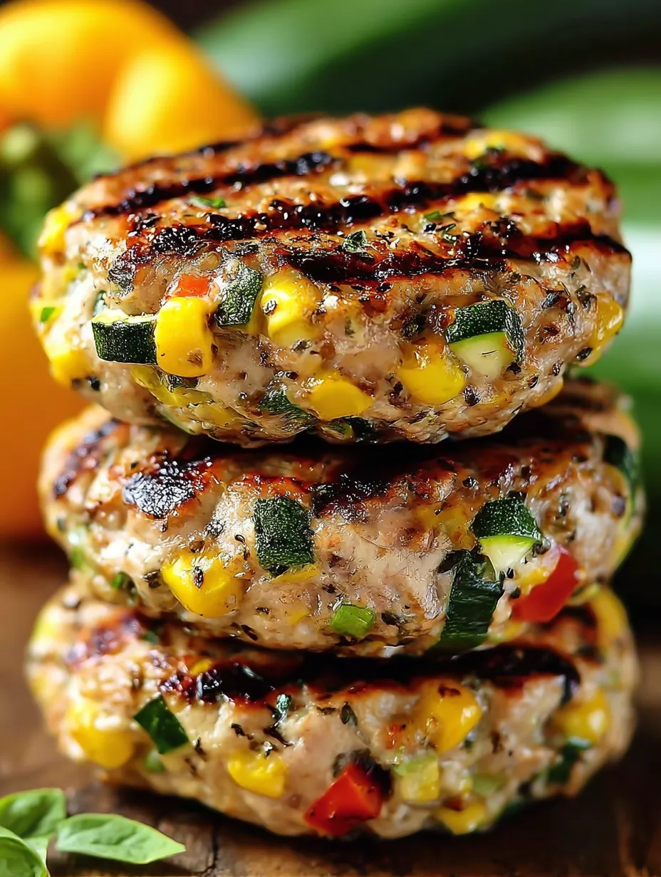 Burgers stacked with bright corn and zucchini.
