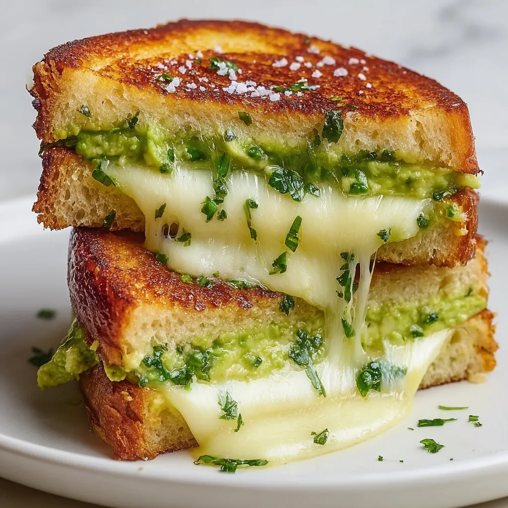 Stacked cheesy toasted sandwiches stuffed with avocado.