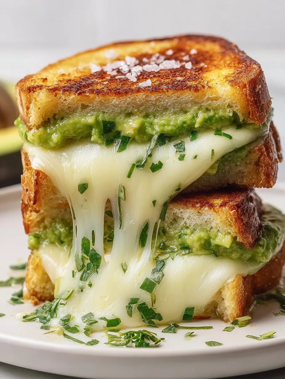 A stack of grilled cheese sandwiches stuffed with avocado.