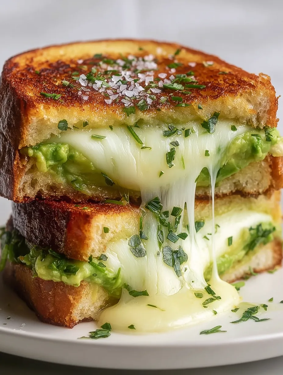 A cheesy sandwich layered with green avocado mash.