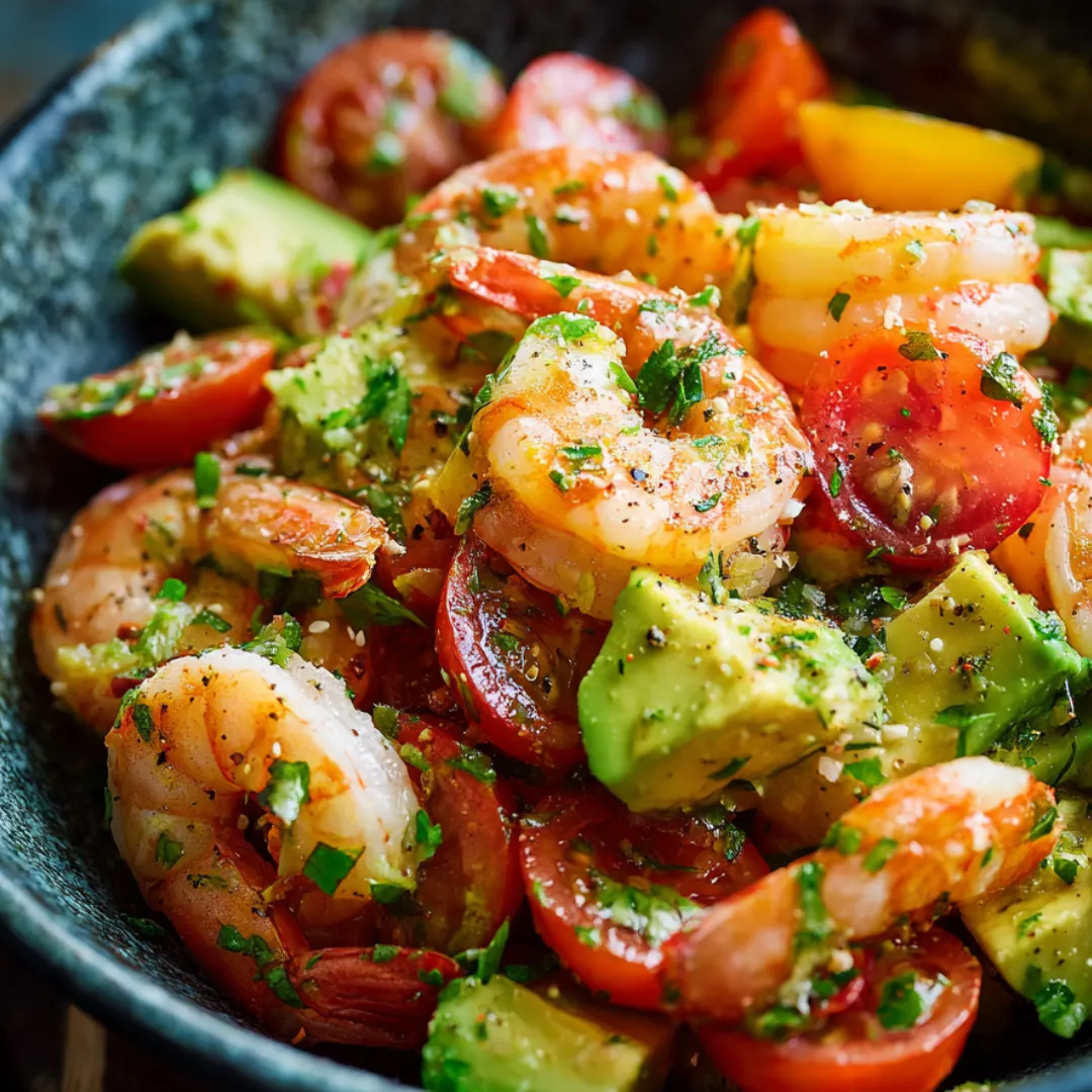 A big bowl filled with shrimp and tomatoes.