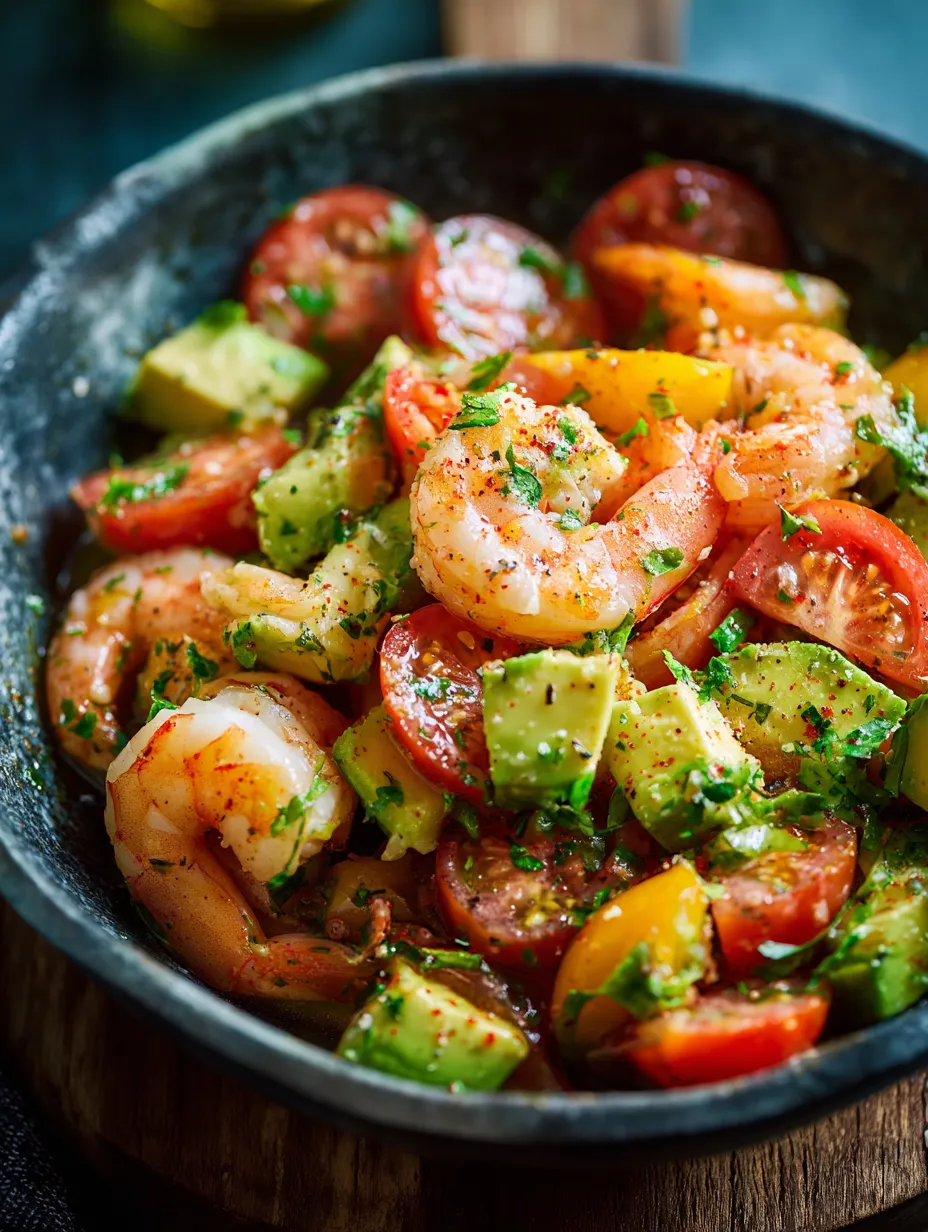 A bowl of shrimp and tomatoes.