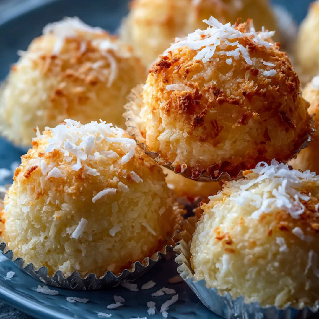 Cupcakes rolled in coconut flakes stacked on a plate.