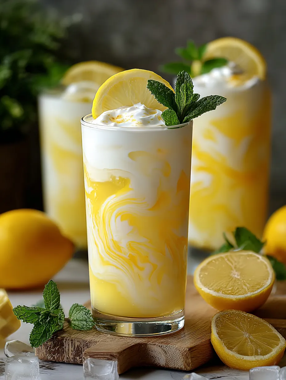 Glass of lemonade garnished with a lemon wedge.