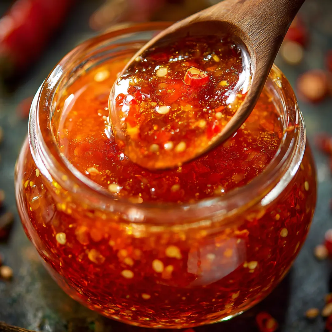 A wooden spoon dips into bright red pepper jelly inside a jar.