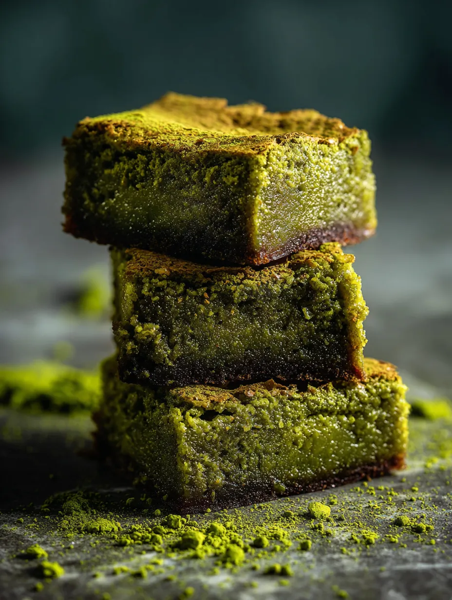 Three pieces of green cake stacked on a table.