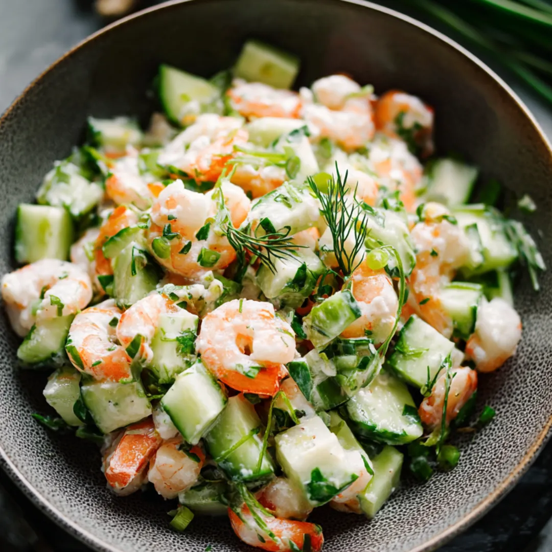 Shrimp and cucumber salad in a bowl with fresh herbs on top.