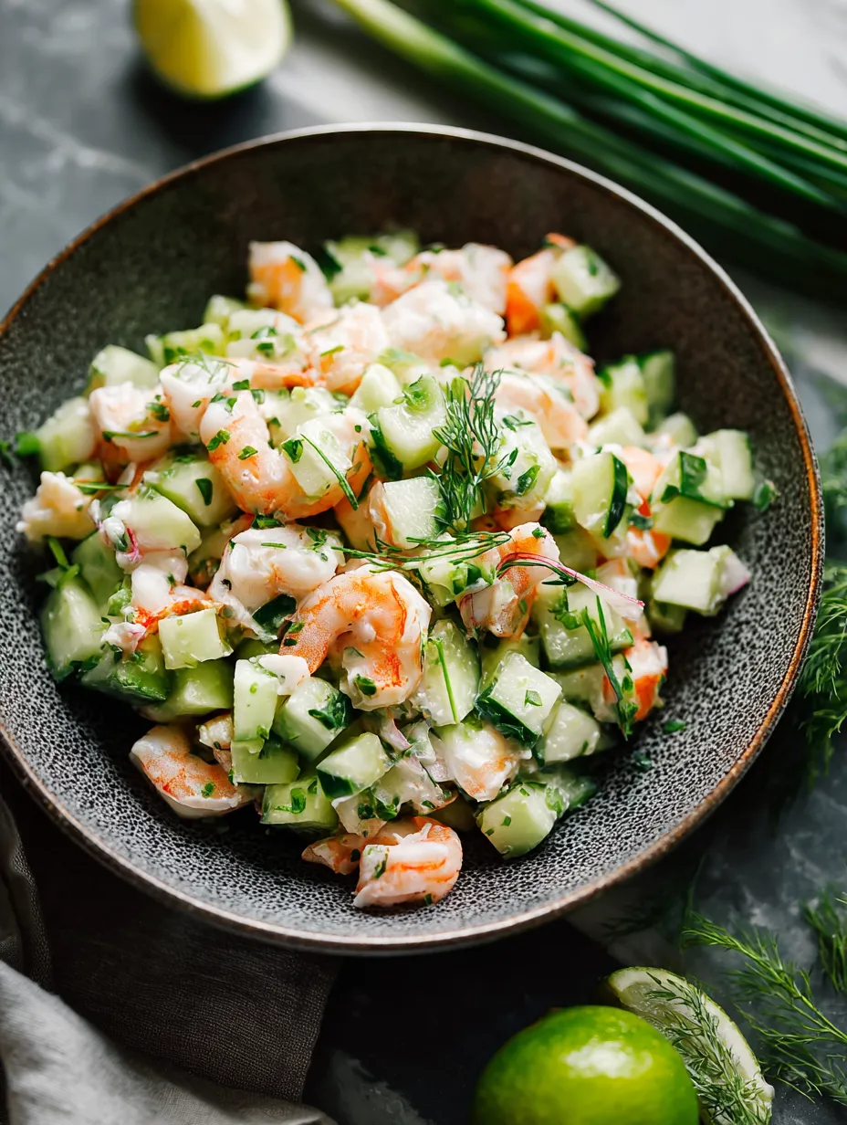 A bowl filled with shrimp, cucumbers, and herbs ready to eat.
