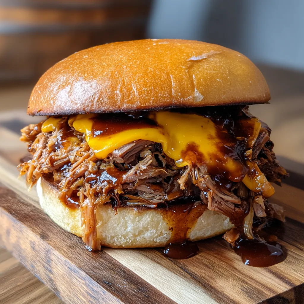 Barbecue sandwich up close, showing juicy pulled beef in a bun.