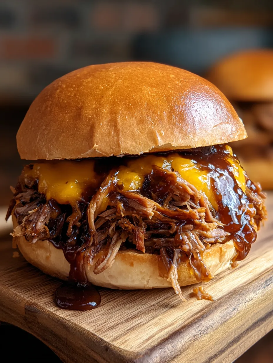 A close up of a pulled beef sandwich.