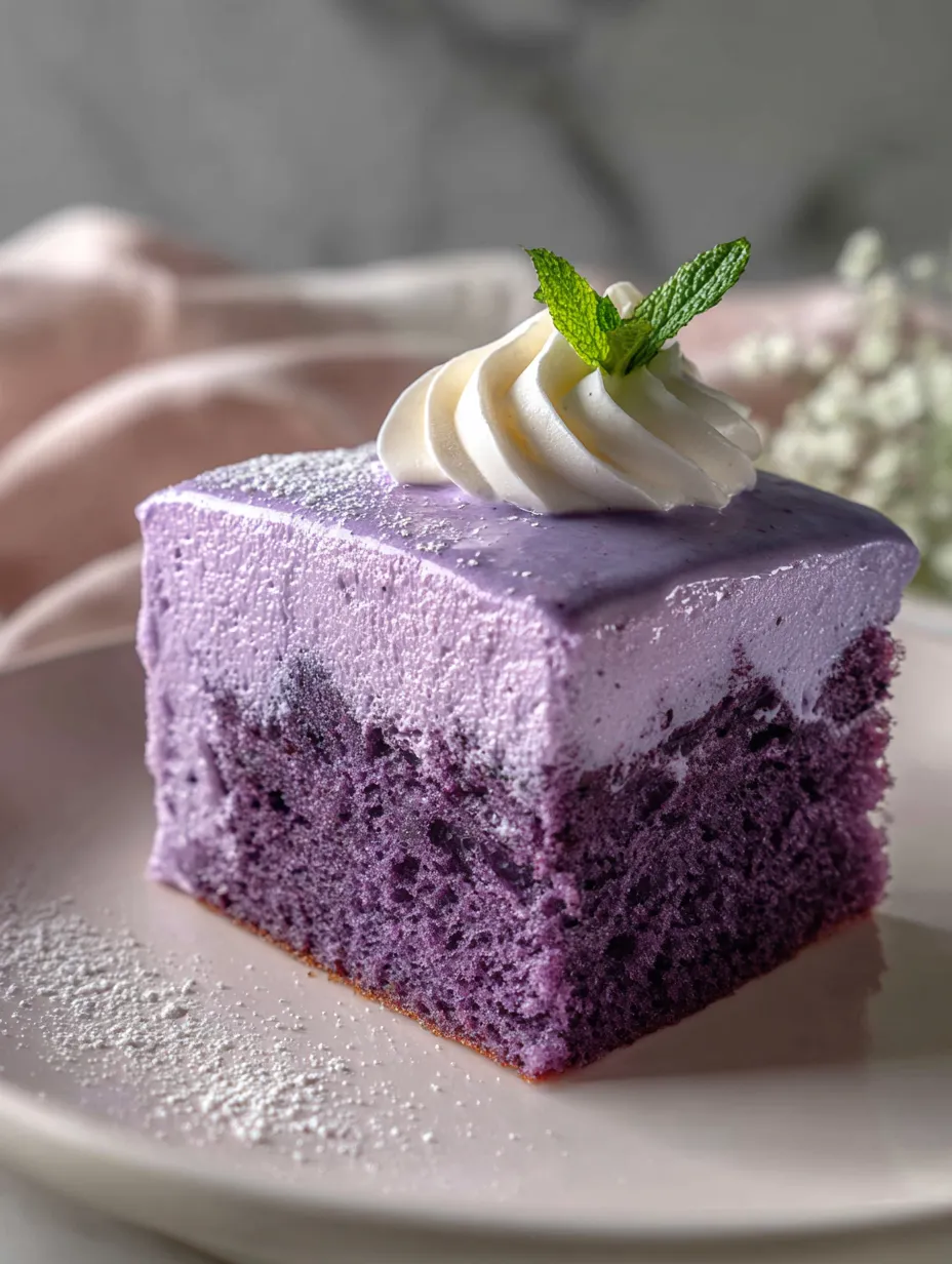 A slice of purple cake with whipped cream on top.