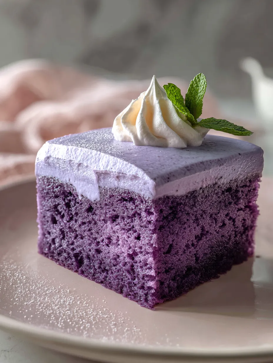 A slice of purple cake with white frosting.