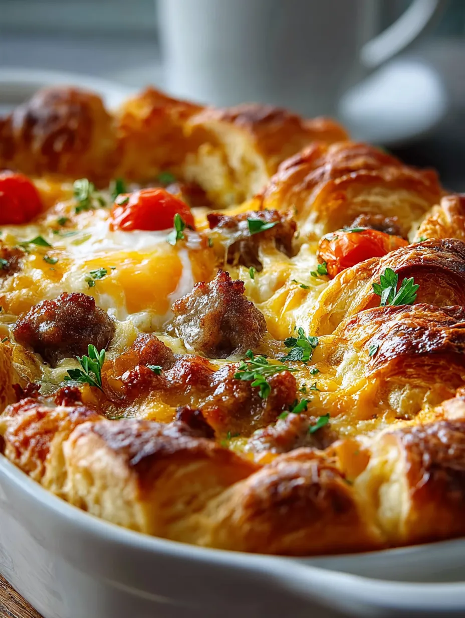 A baked pan with sausage and tomatoes.
